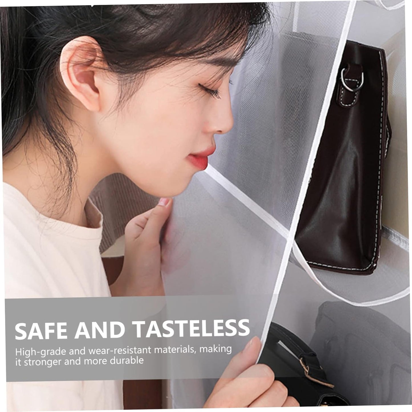 Hanging Handbag Organizer with 6 Dustproof Compartments – Foldable, Washable, White