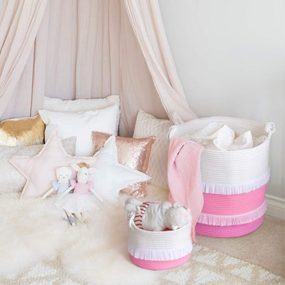 Small Rope Basket, Cute Tassel Decor for Girl, Pink