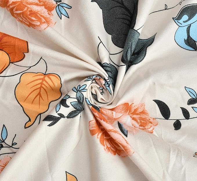 Floral, Beige And Green Elastic Fitted Bedsheets With 2 Pillow Covers