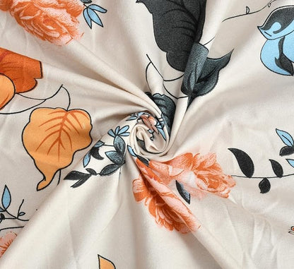 Floral, Beige And Green Elastic Fitted Bedsheets With 2 Pillow Covers