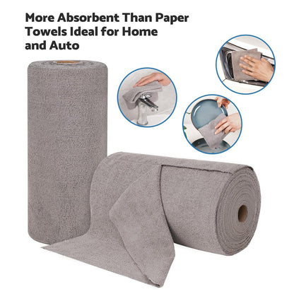 Reusable Cleaning Cloth Roll – 25 Tear-Away Washable Towels (12x12, Grey)