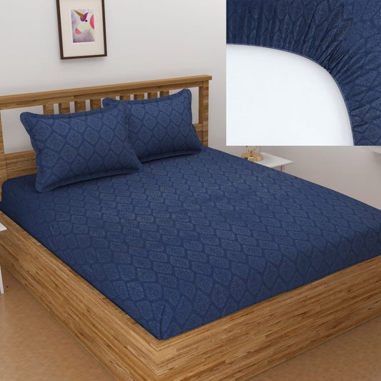 Blue Elastic Fitted Glace Cotton Plain Stripe Double Bedsheet with 2 Pillow Cover