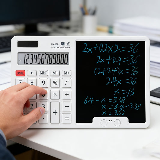 12-Digit Solar-Powered Calculator with Notepad Display | Quiet, Large Buttons, Ideal for Office, School, Home, and Business | Modern Touchscreen | Durable Structure, Electronic Components Included