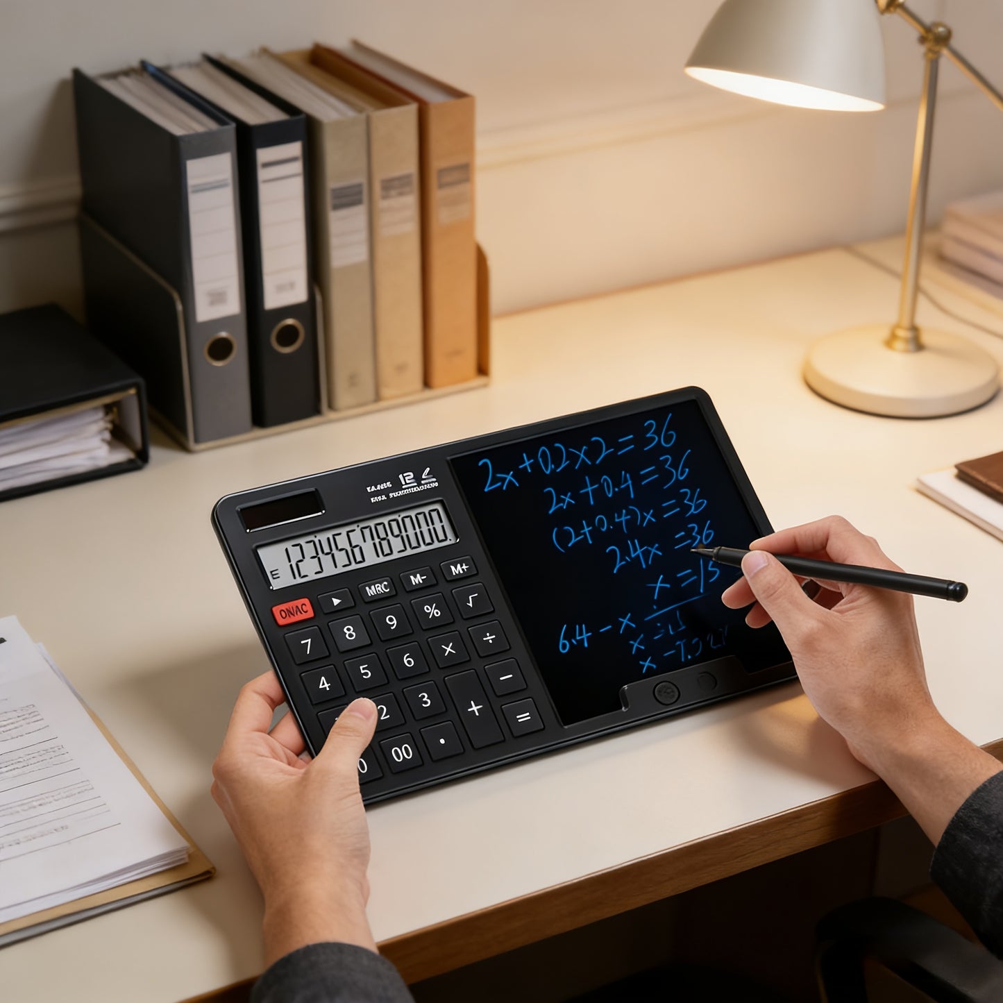 12-Digit Solar-Powered Calculator with Notepad Display | Quiet, Large Buttons, Ideal for Office, School, Home, and Business | Modern Touchscreen | Durable Structure, Electronic Components Included