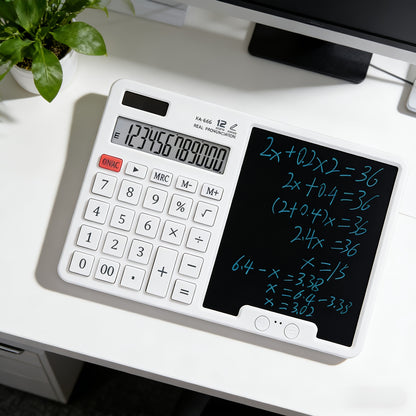 12-Digit Solar-Powered Calculator with Notepad Display | Quiet, Large Buttons, Ideal for Office, School, Home, and Business | Modern Touchscreen | Durable Structure, Electronic Components Included