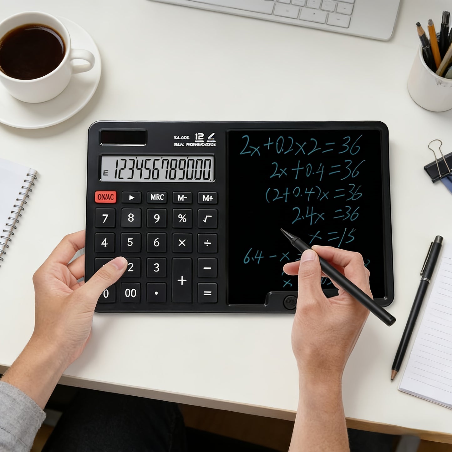 12-Digit Solar-Powered Calculator with Notepad Display | Quiet, Large Buttons, Ideal for Office, School, Home, and Business | Modern Touchscreen | Durable Structure, Electronic Components Included