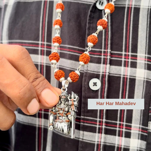 🔱 Har Har Mahadev! Sacred Mahadev Locket with Silver Rudraksha Mala 🕉️✨