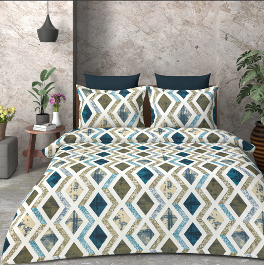 White & Blue Geometric-Printed Double Bedsheet with 2 Pillow Covers