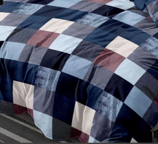 Blue Check Cotton Double BEDSHEET with 2 Pillow Cover