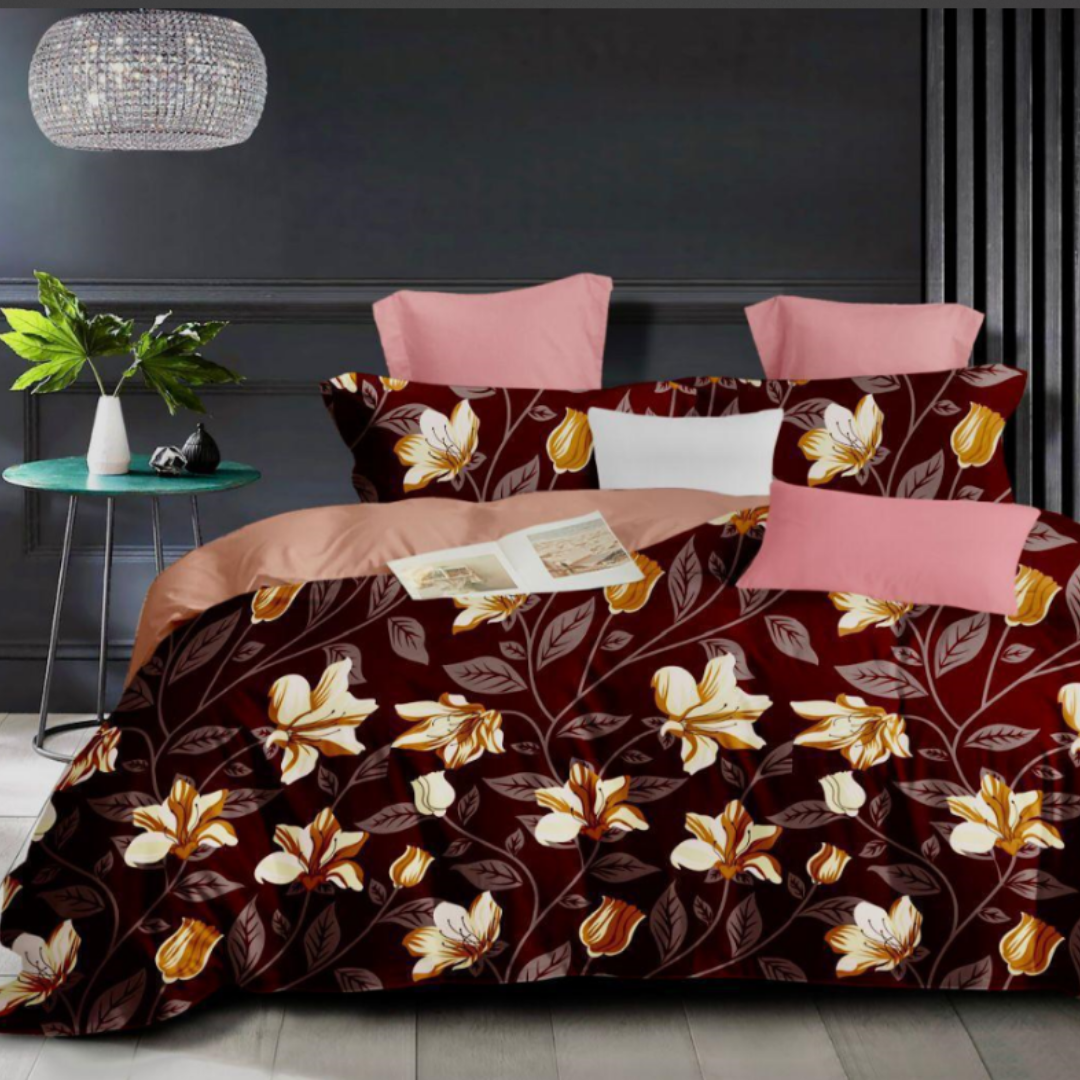 Maroon Floral Printed Double Bed Bedsheets with 2 Pillow Covers