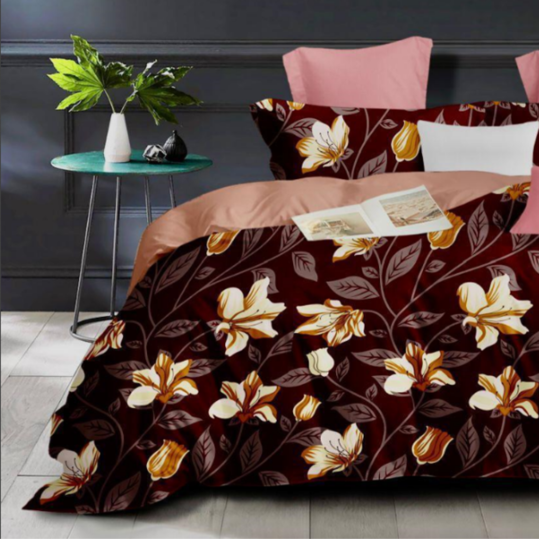 Maroon Floral Printed Double Bed Bedsheets with 2 Pillow Covers