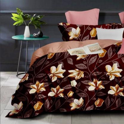 Maroon Floral Printed Double Bed Bedsheets with 2 Pillow Covers