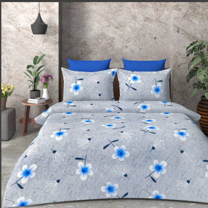 Grey Floral Printed Cotton Double Bed Bedsheet & 2 Pillow Covers