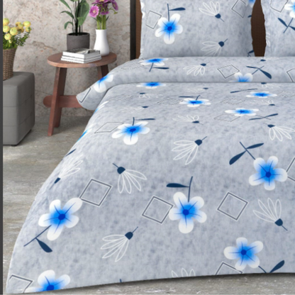 Grey Floral Printed Cotton Double Bed Bedsheet & 2 Pillow Covers
