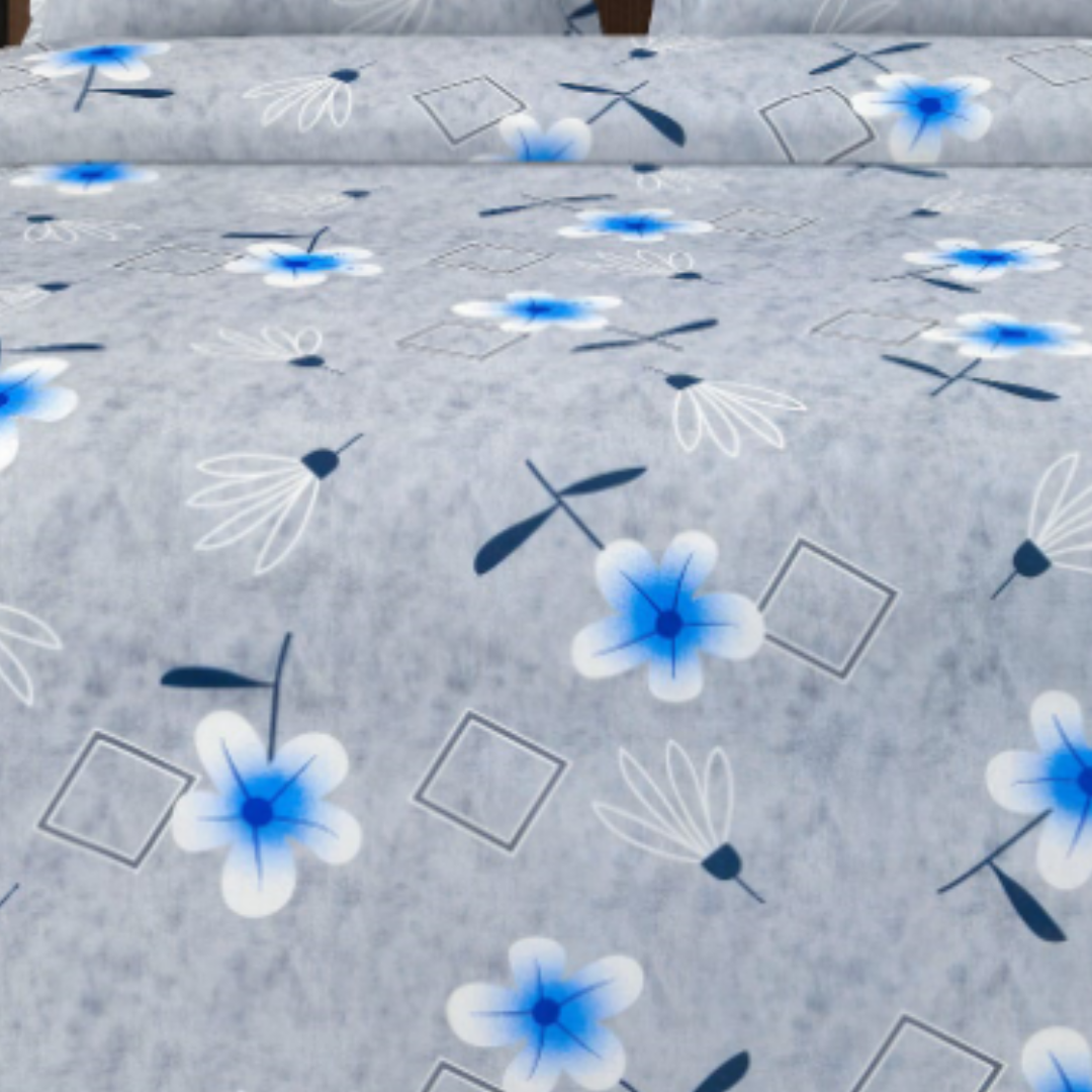 Grey Floral Printed Cotton Double Bed Bedsheet & 2 Pillow Covers