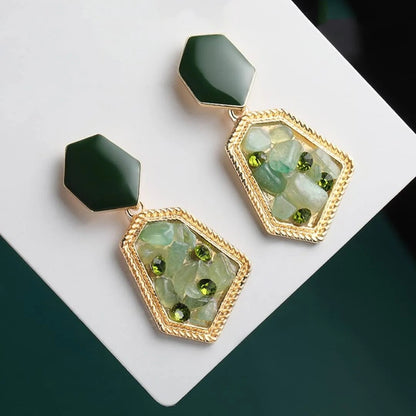 Geometric Green Stone Drop Earrings