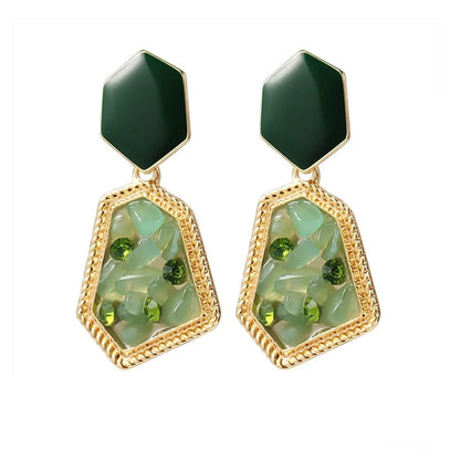 Geometric Green Stone Drop Earrings