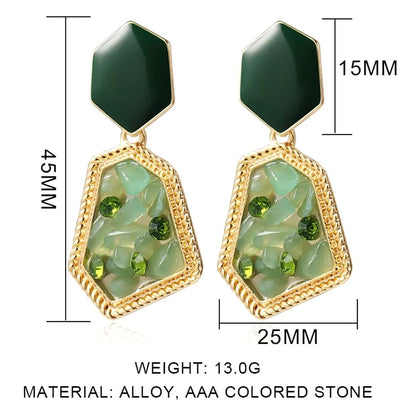 Geometric Green Stone Drop Earrings