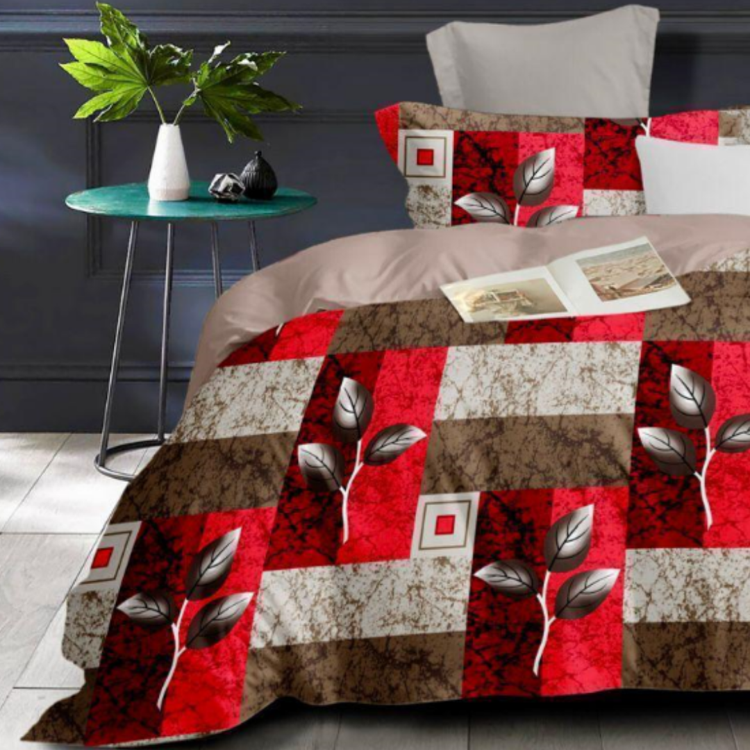 Elegant leaf design Checkered Double Bed Bedsheet with 2 Pillow covers