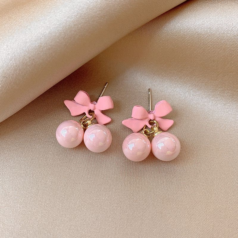 Korean Style Pink Cherry Bow Earrings – Cute & Trendy Kawaii Aesthetic Jewelry for Girls