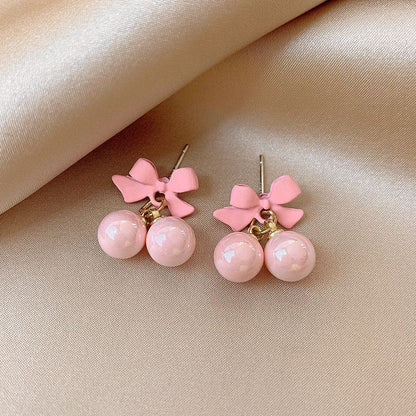Korean Style Pink Cherry Bow Earrings – Cute & Trendy Kawaii Aesthetic Jewelry for Girls