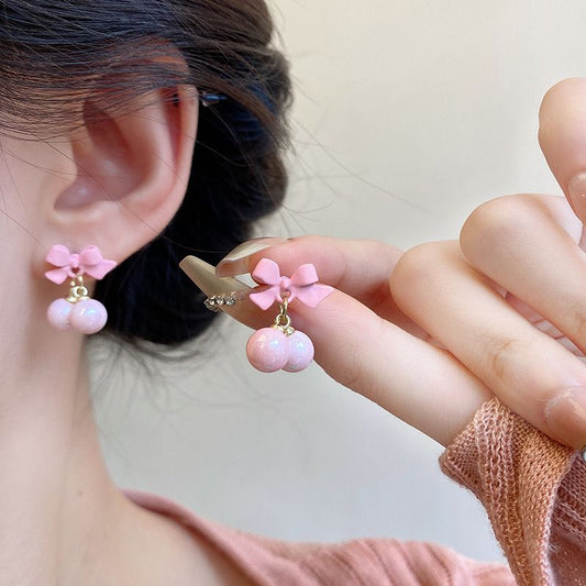 Korean Style Pink Cherry Bow Earrings – Cute & Trendy Kawaii Aesthetic Jewelry for Girls