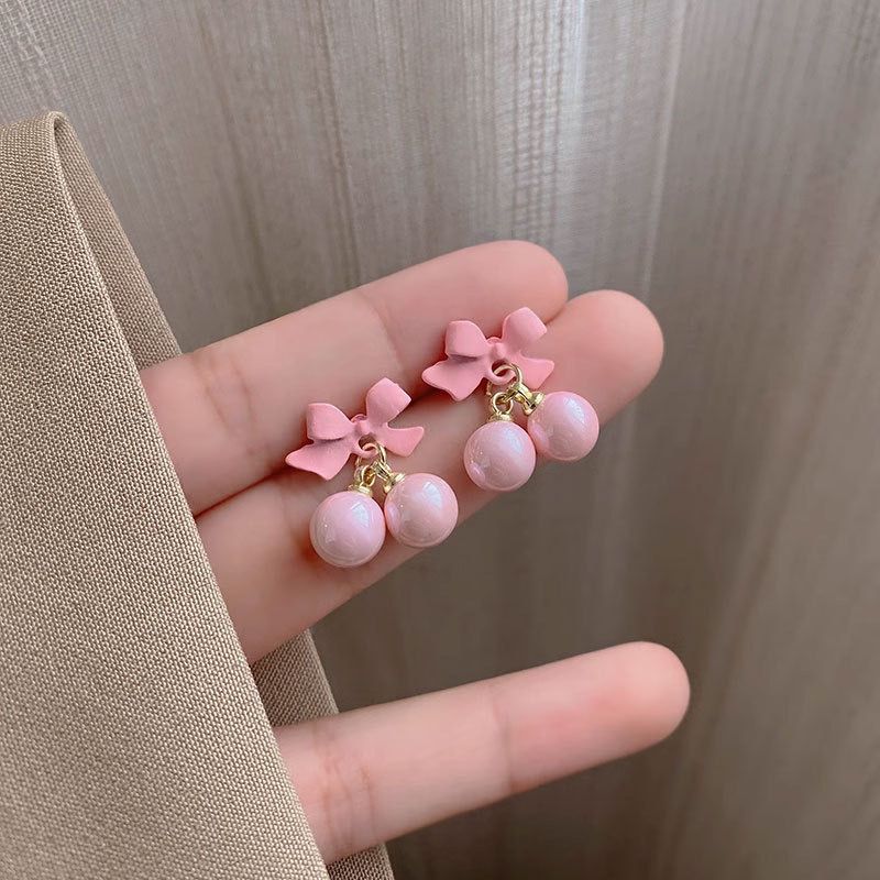 Korean Style Pink Cherry Bow Earrings – Cute & Trendy Kawaii Aesthetic Jewelry for Girls
