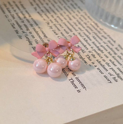 Korean Style Pink Cherry Bow Earrings – Cute & Trendy Kawaii Aesthetic Jewelry for Girls