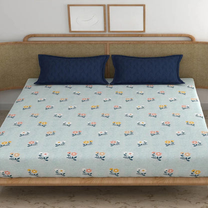 Blue Cotton Blend Elastic Fitted King Bedsheet with 2 pillow covers