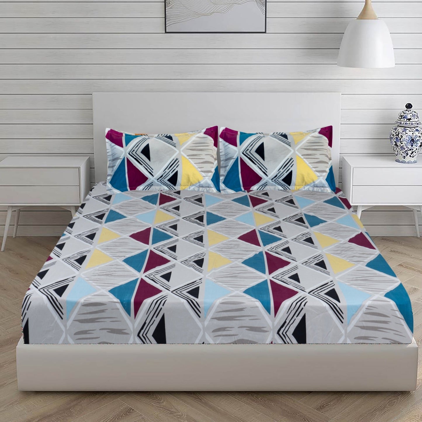 Grey Triangle King Size Double Bed Elastic Fitted Premium Bedsheet